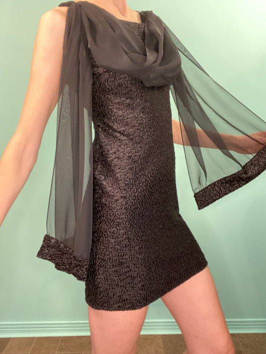VINTAGE “CARTISE PETITE” COCKTAIL DRESS WITH SHEER SCARF DETAIL
