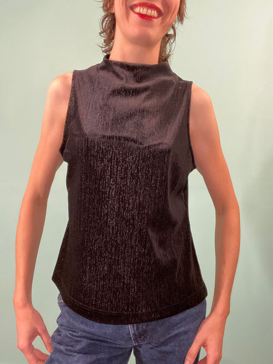 "HALSTON" BLACK VELVET WITH SILVER TEXTURE SLEEVELESS TOP