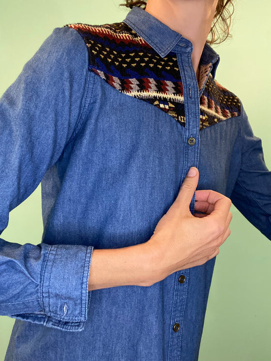 "BLUENOTES" DENIM SHIRT WITH TAPESTRY SHOULDER DETAIL