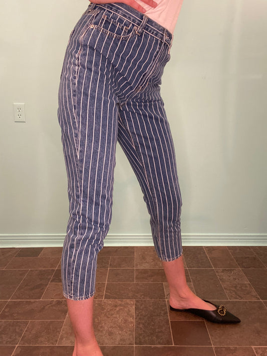 "AMERICAN EAGLE" TAPERED DARK DENIM AND WHITE PINSTRIPE JEANS