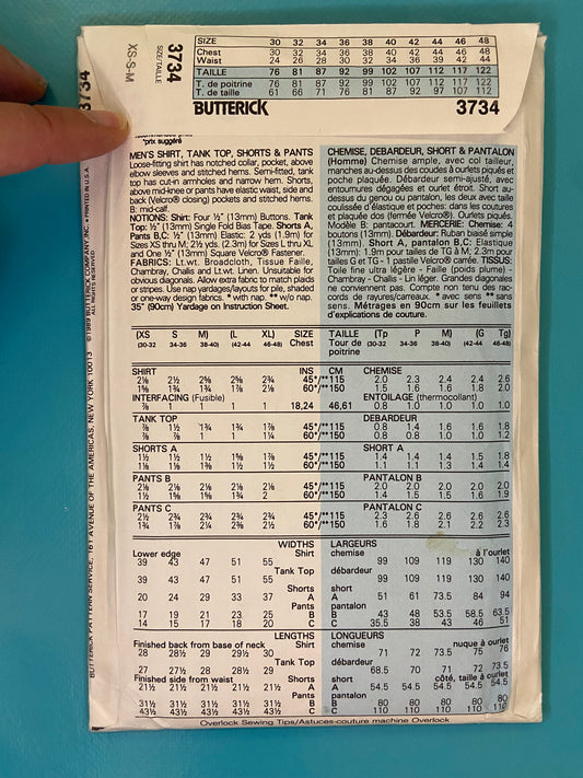 VINTAGE 80'S UNCUT "Butterick" shirt shorts and pants sewing pattern