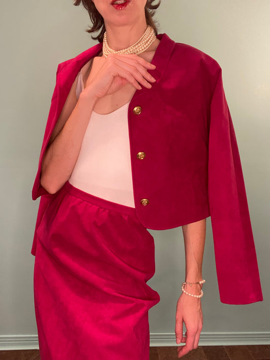 VINTAGE RASBERRY COLOURED FAUX SUEDE SUIT