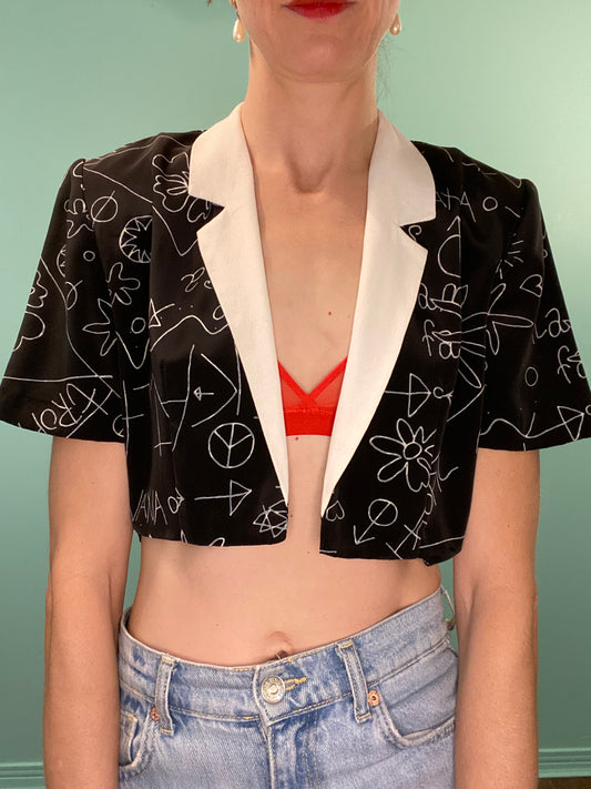 VINTAGE "CHATCAREL" CROP BLACK AND WHITE BLAZER