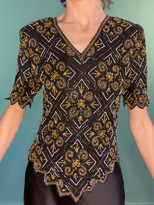VINTAGE DIAMOND GEOMETRIC SEQUIN TOP WITH BEADED SCALLOPED EDGES