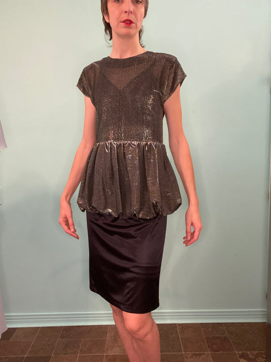 VINTAGE 80'S "ENCORE" PEWTER LAME´ PEPLUM POOF DRESS