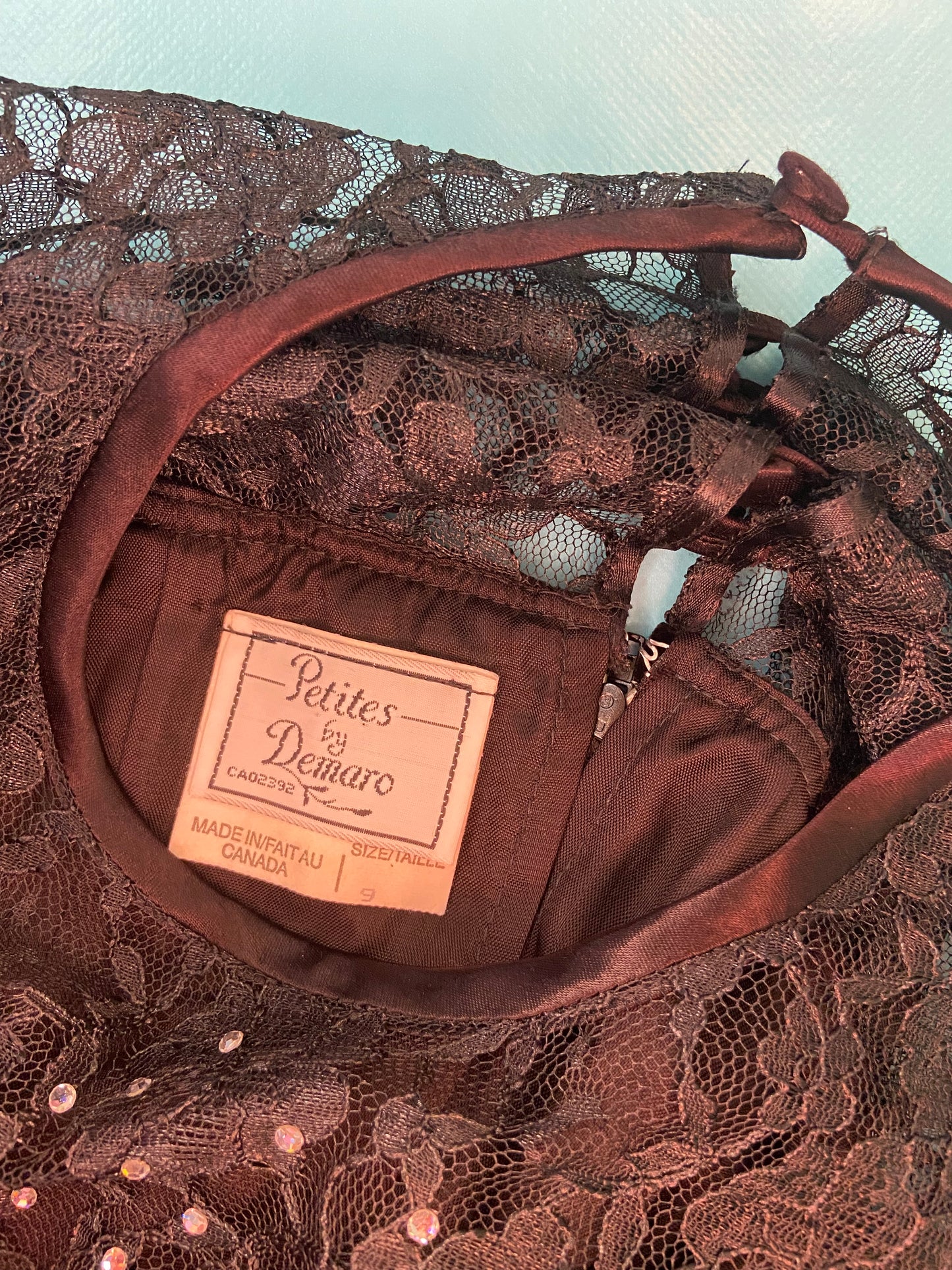 VINTAGE “PETITES BY DEMARO” VELVET LACE AND RHINESTONE COCKTAIL DRESS