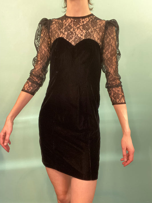 VINTAGE “PETITES BY DEMARO” VELVET LACE AND RHINESTONE COCKTAIL DRESS