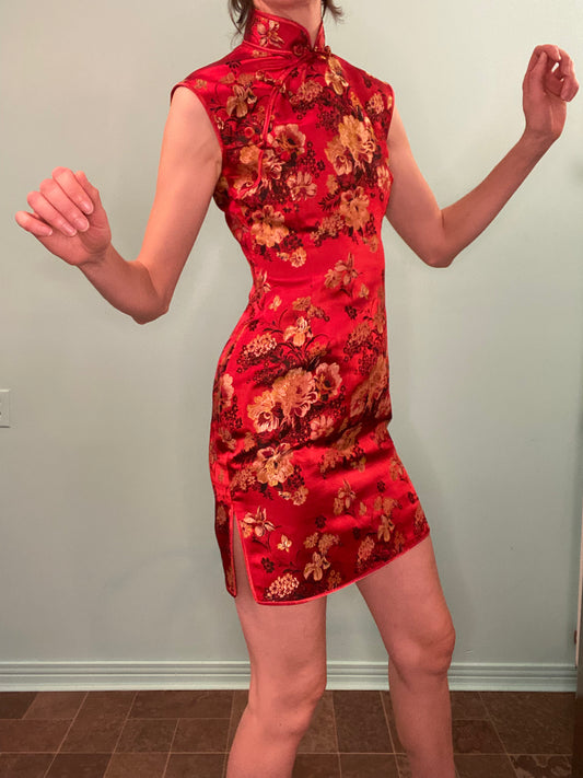 RED AND GOLD CHINOISERIE STYLE COCKTAIL DRESS