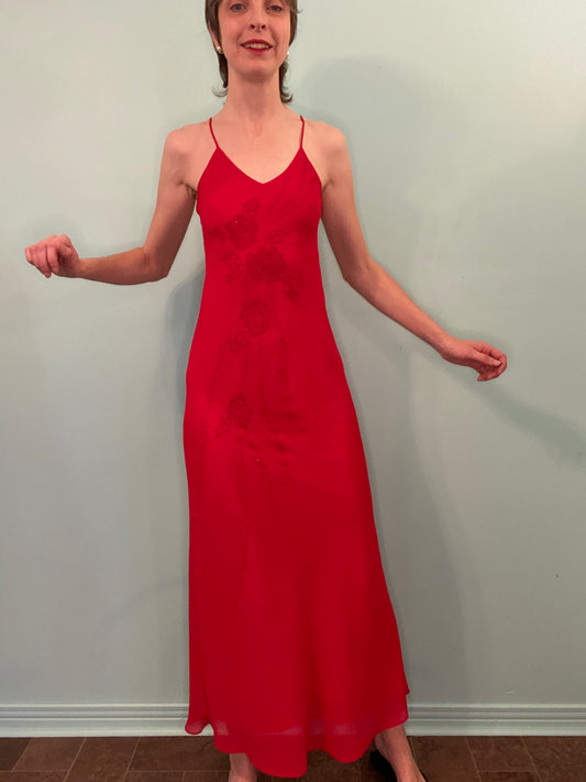 VINTAGE “VERONICA” 90’S BEADED RED SLIP DRESS