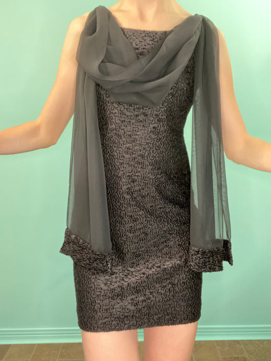 VINTAGE “CARTISE PETITE” COCKTAIL DRESS WITH SHEER SCARF DETAIL