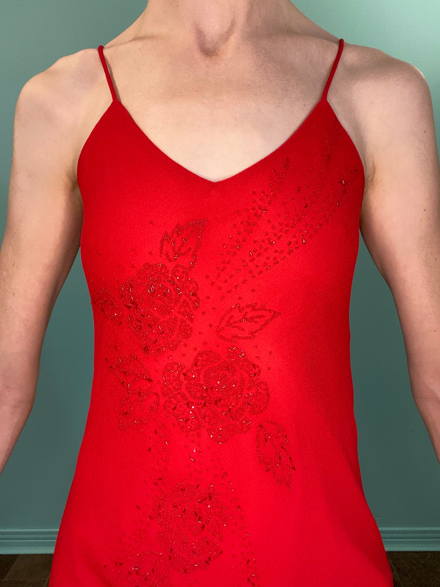 VINTAGE “VERONICA” 90’S BEADED RED SLIP DRESS