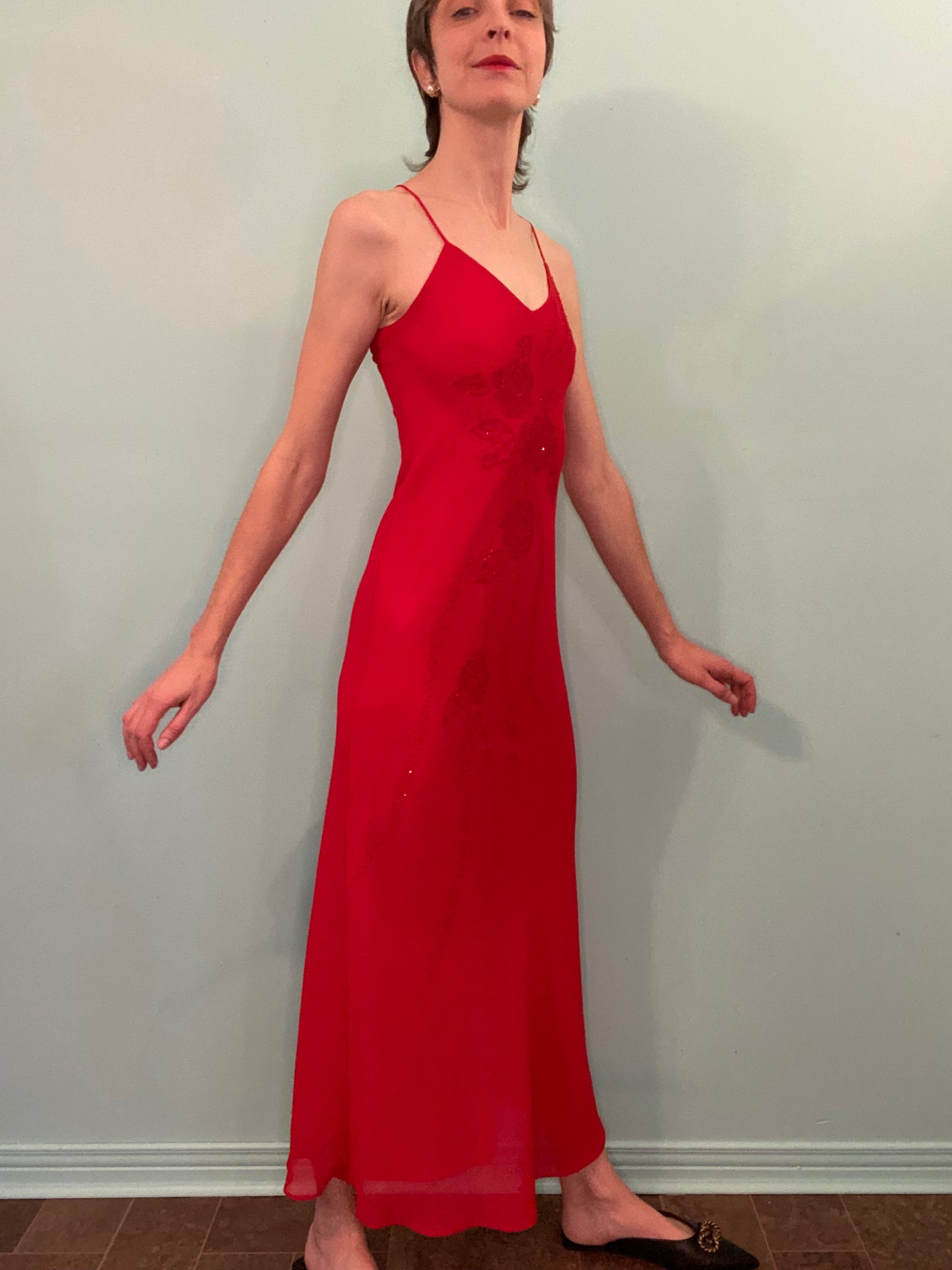 VINTAGE “VERONICA” 90’S BEADED RED SLIP DRESS