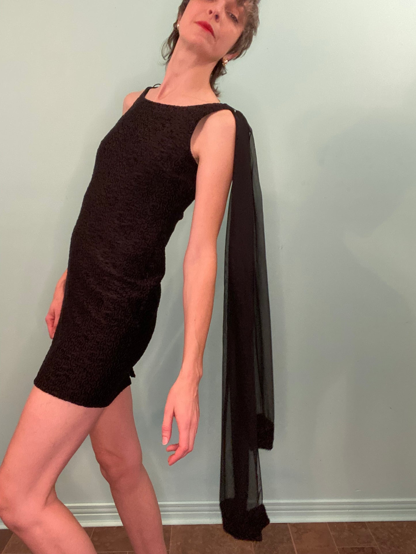 VINTAGE “CARTISE PETITE” COCKTAIL DRESS WITH SHEER SCARF DETAIL