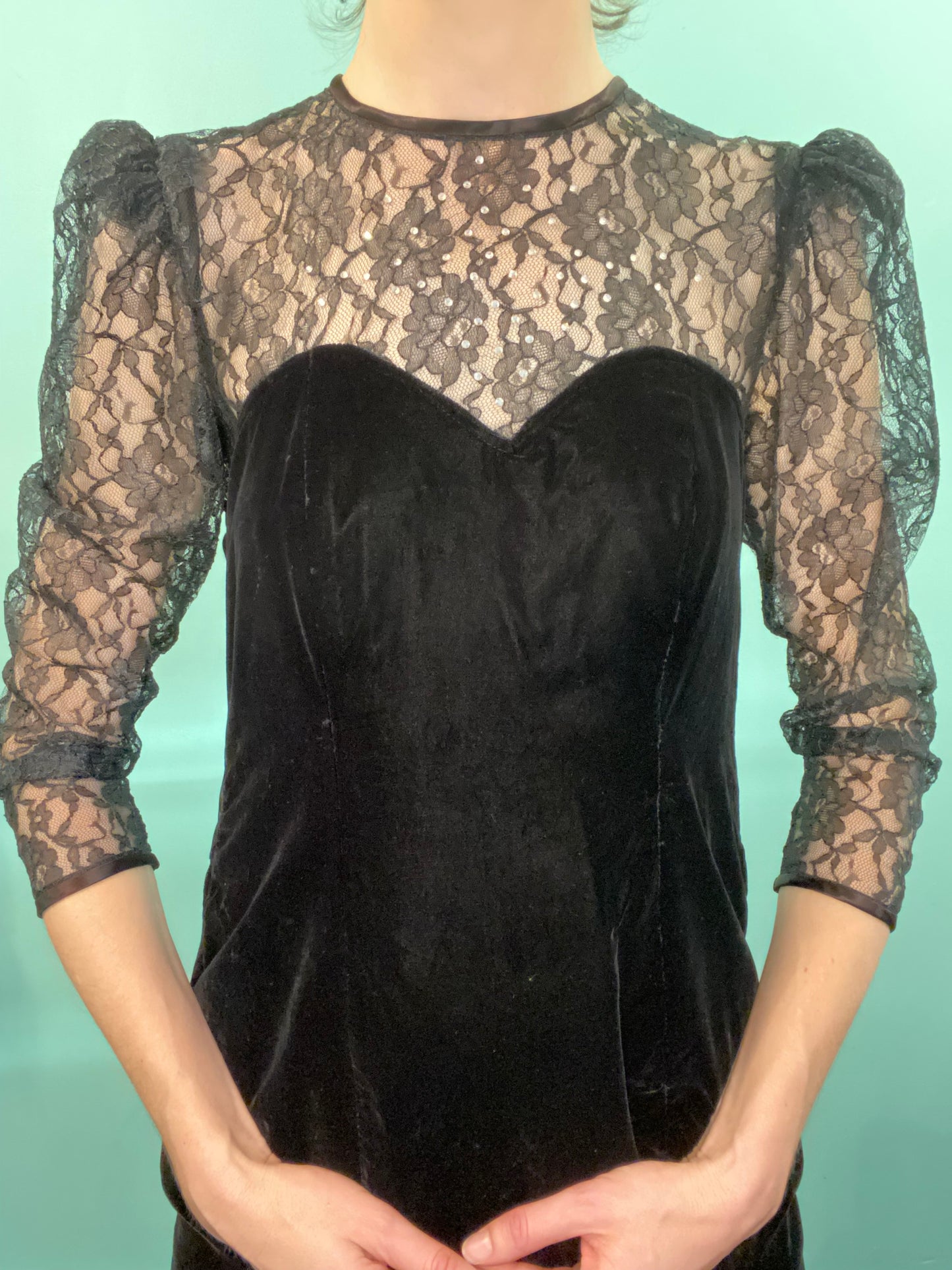VINTAGE “PETITES BY DEMARO” VELVET LACE AND RHINESTONE COCKTAIL DRESS