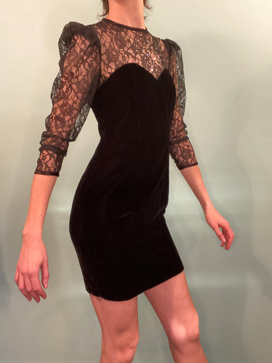 VINTAGE “PETITES BY DEMARO” VELVET LACE AND RHINESTONE COCKTAIL DRESS
