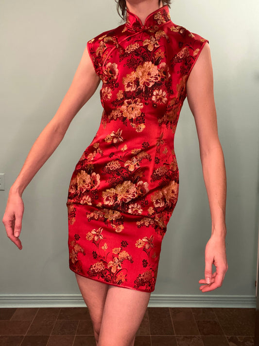 RED AND GOLD CHINOISERIE STYLE COCKTAIL DRESS