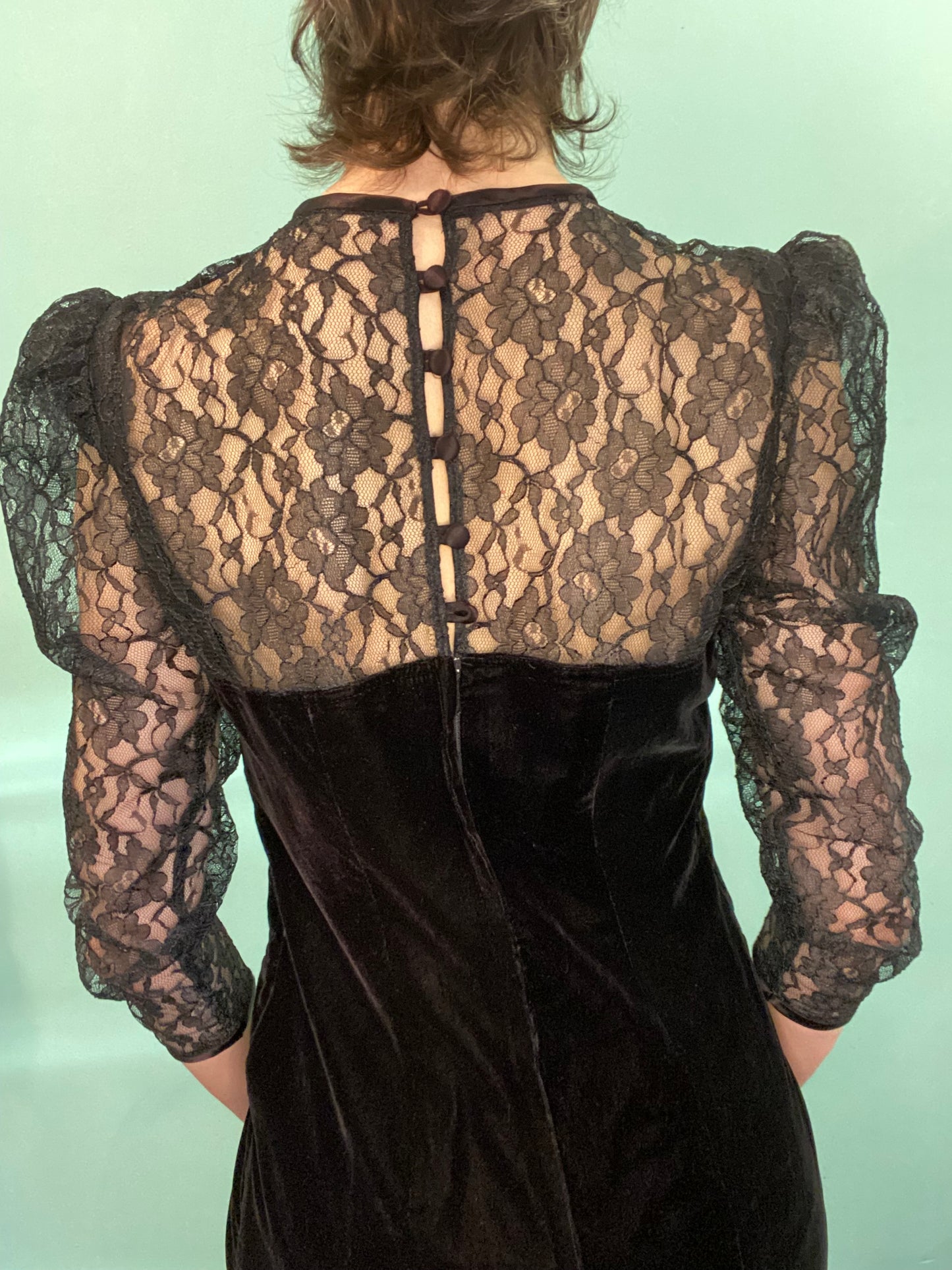 VINTAGE “PETITES BY DEMARO” VELVET LACE AND RHINESTONE COCKTAIL DRESS