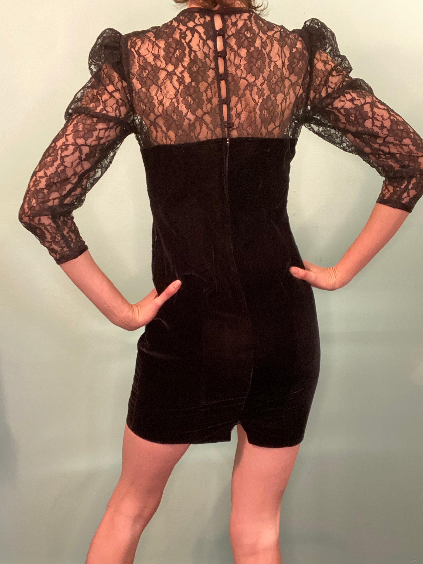 VINTAGE “PETITES BY DEMARO” VELVET LACE AND RHINESTONE COCKTAIL DRESS