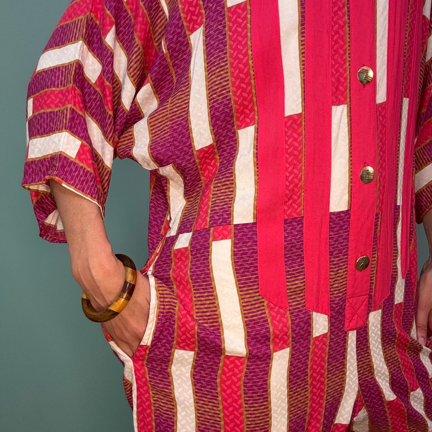 "THE AFRICAN VILLAGE" PINK AND WHITE BUTTON FRONT PLAYSUIT