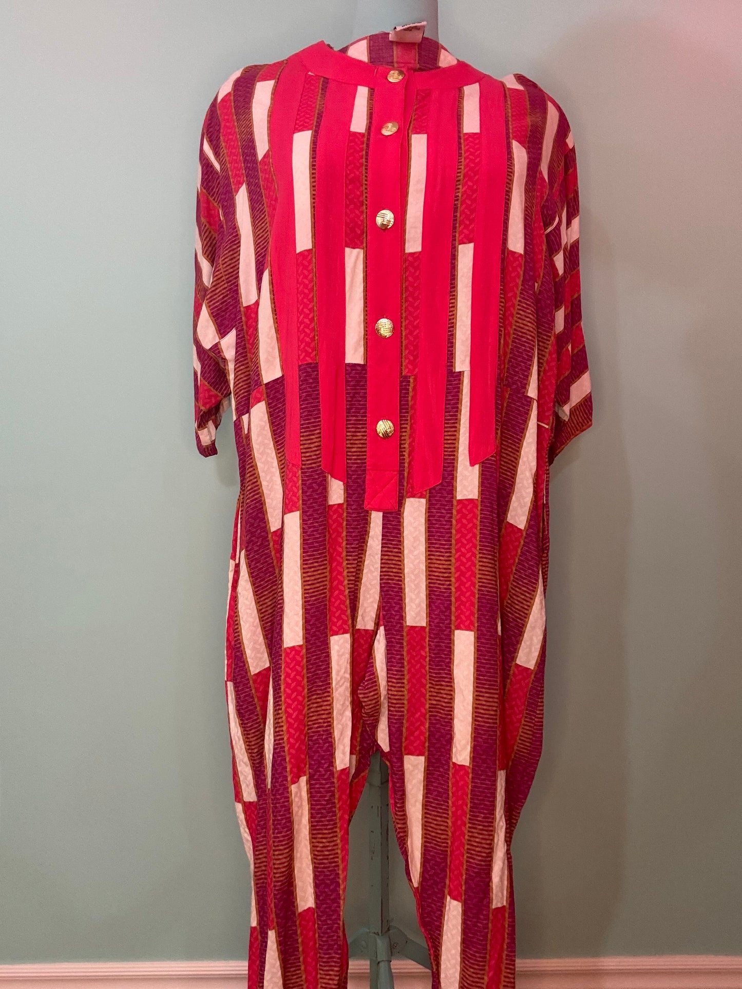 "THE AFRICAN VILLAGE" PINK AND WHITE BUTTON FRONT PLAYSUIT