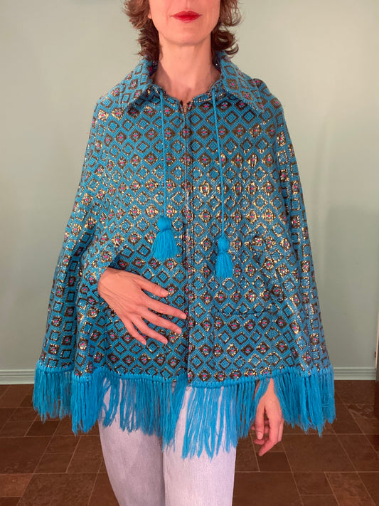 VINTAGE FRINGED TURQUOISE CAPE WITH GOLD AND PINK PATTERN