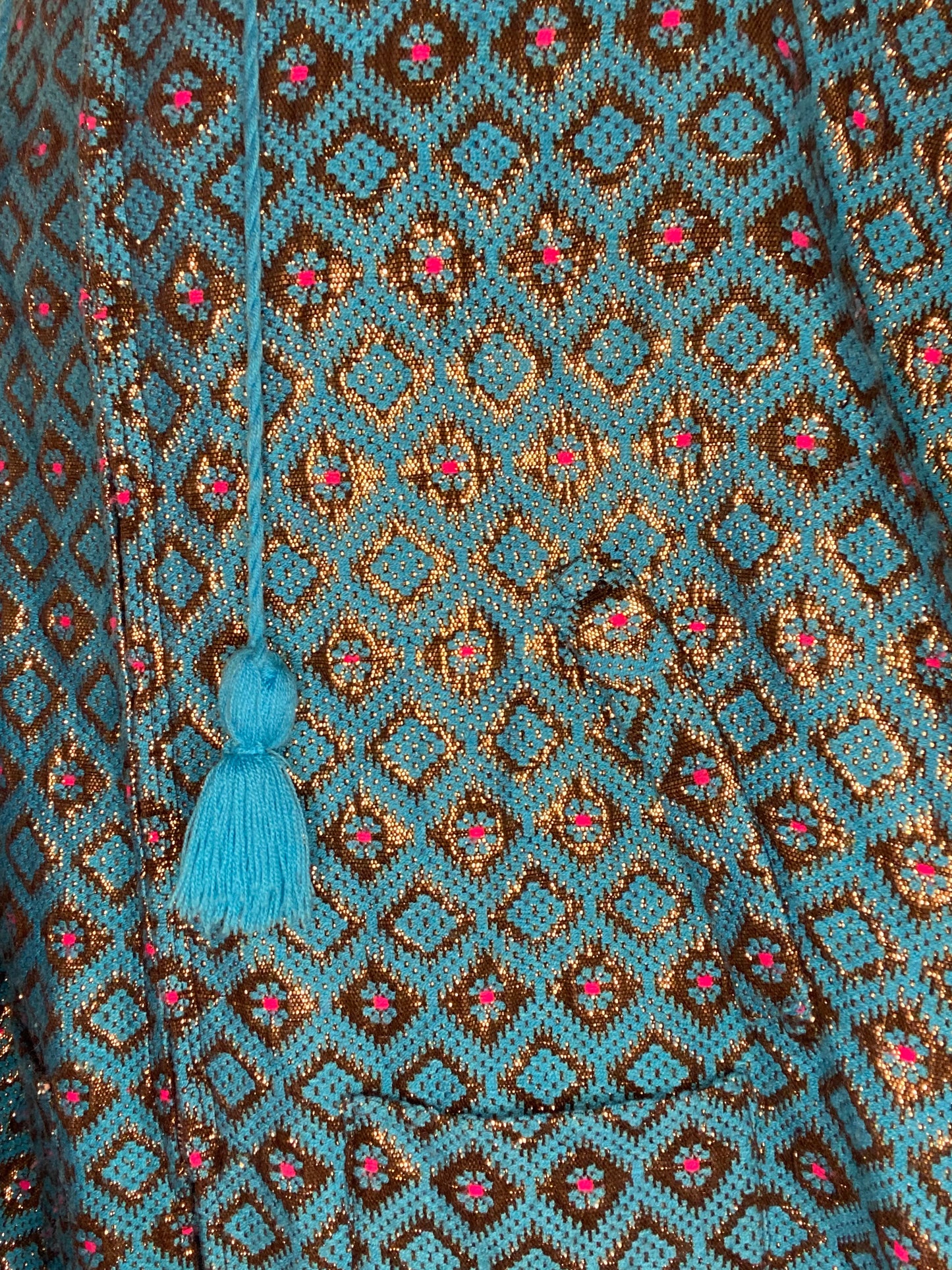 VINTAGE FRINGED TURQUOISE CAPE WITH GOLD AND PINK PATTERN