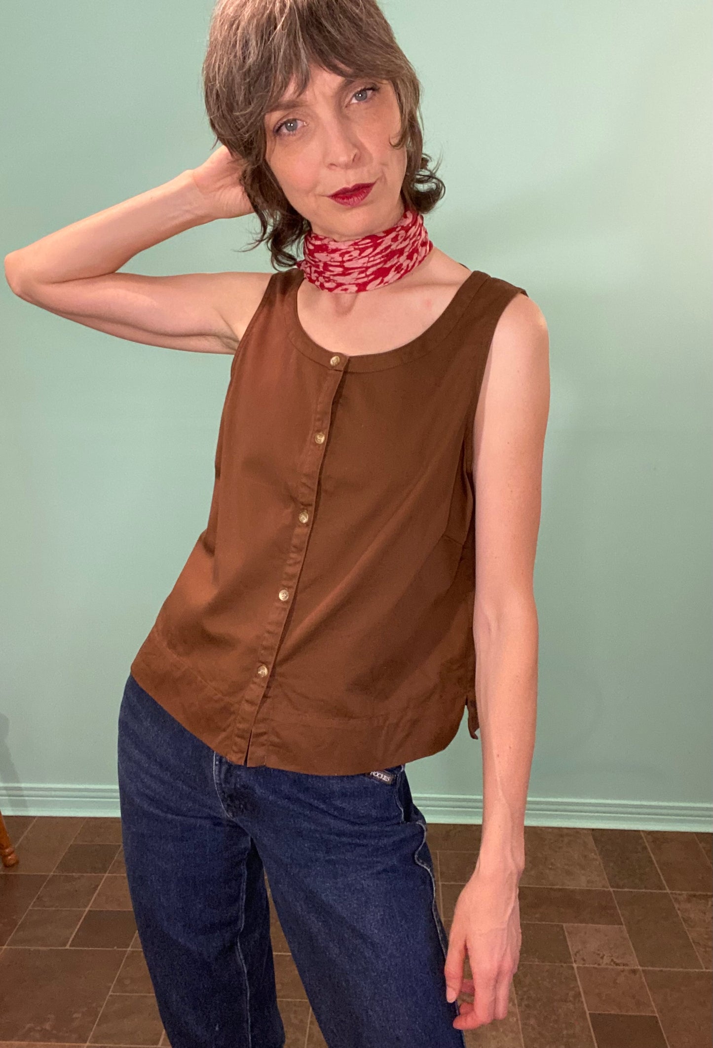 VINTAGE 90S "BOCA BLUES" BROWN SHIRT/VEST %100 COTTON