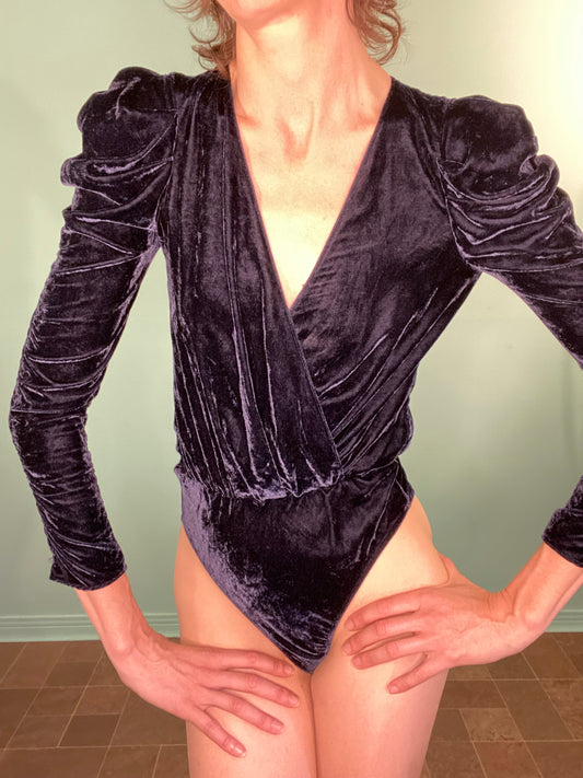 'ZARA' MIDNIGHT BLUE VELVET PUFF SLEEVED BODYSUIT