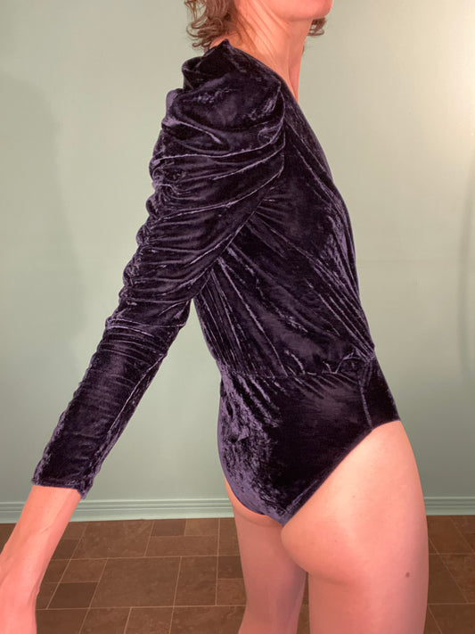 'ZARA' MIDNIGHT BLUE VELVET PUFF SLEEVED BODYSUIT