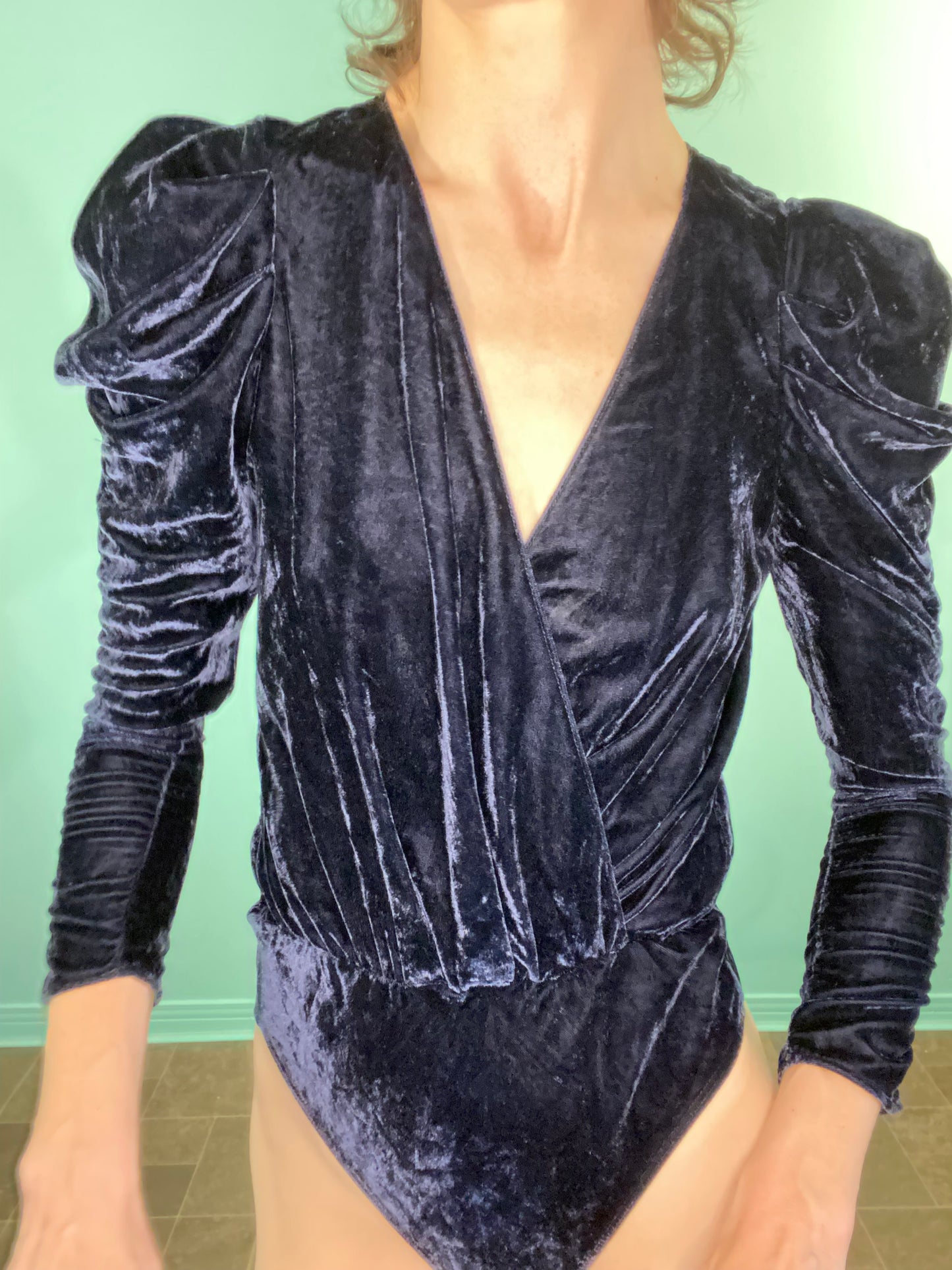 'ZARA' MIDNIGHT BLUE VELVET PUFF SLEEVED BODYSUIT