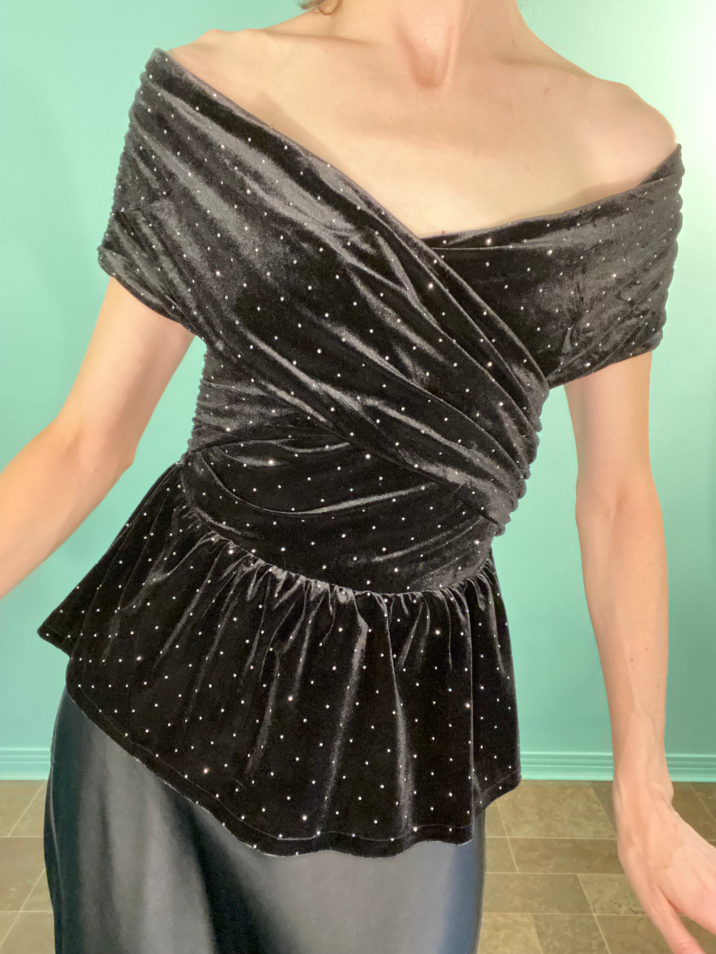 VELVET AND TINY RHINESTONE OFF THE SHOULDER TOP