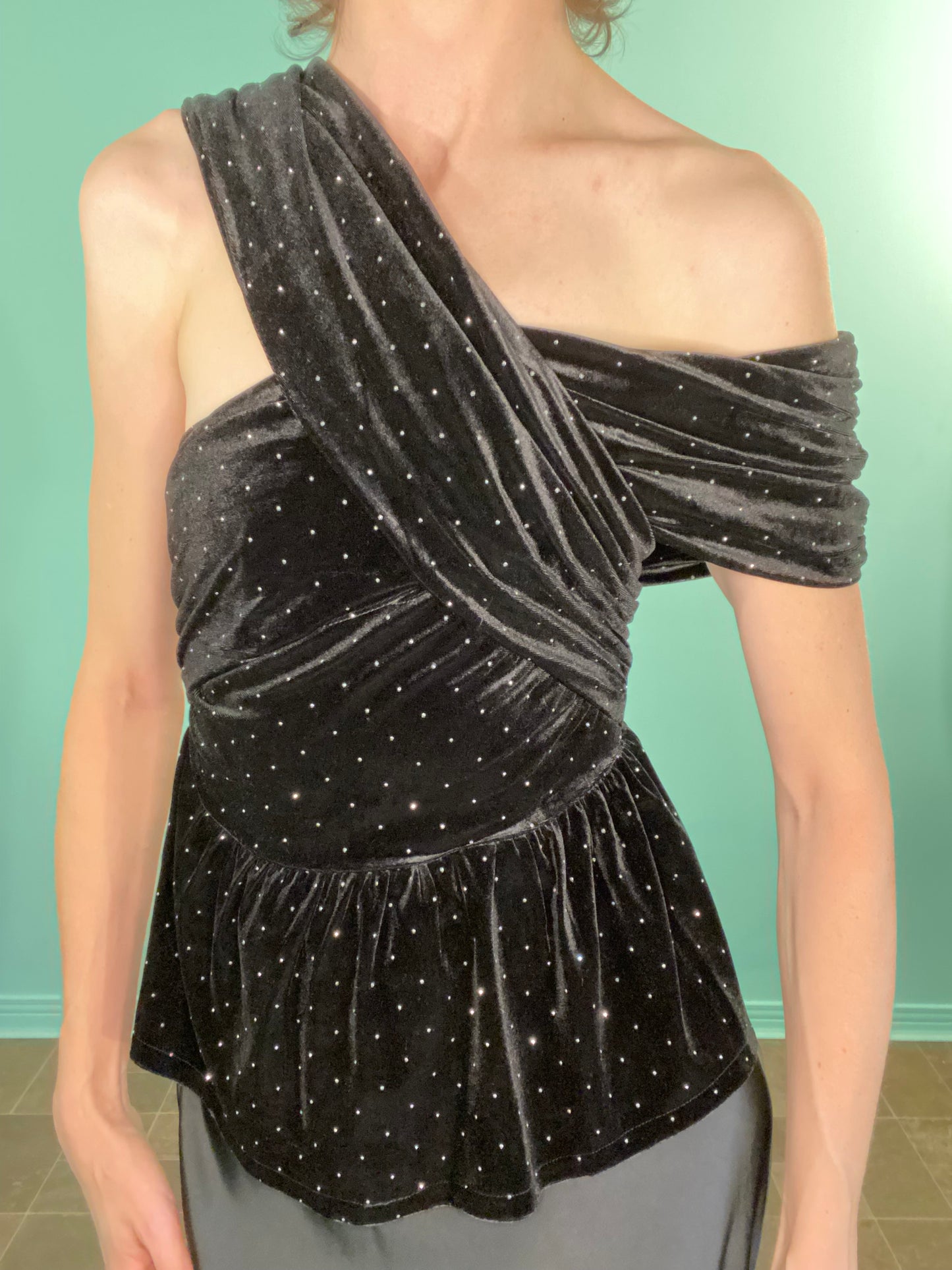 VELVET AND TINY RHINESTONE OFF THE SHOULDER TOP