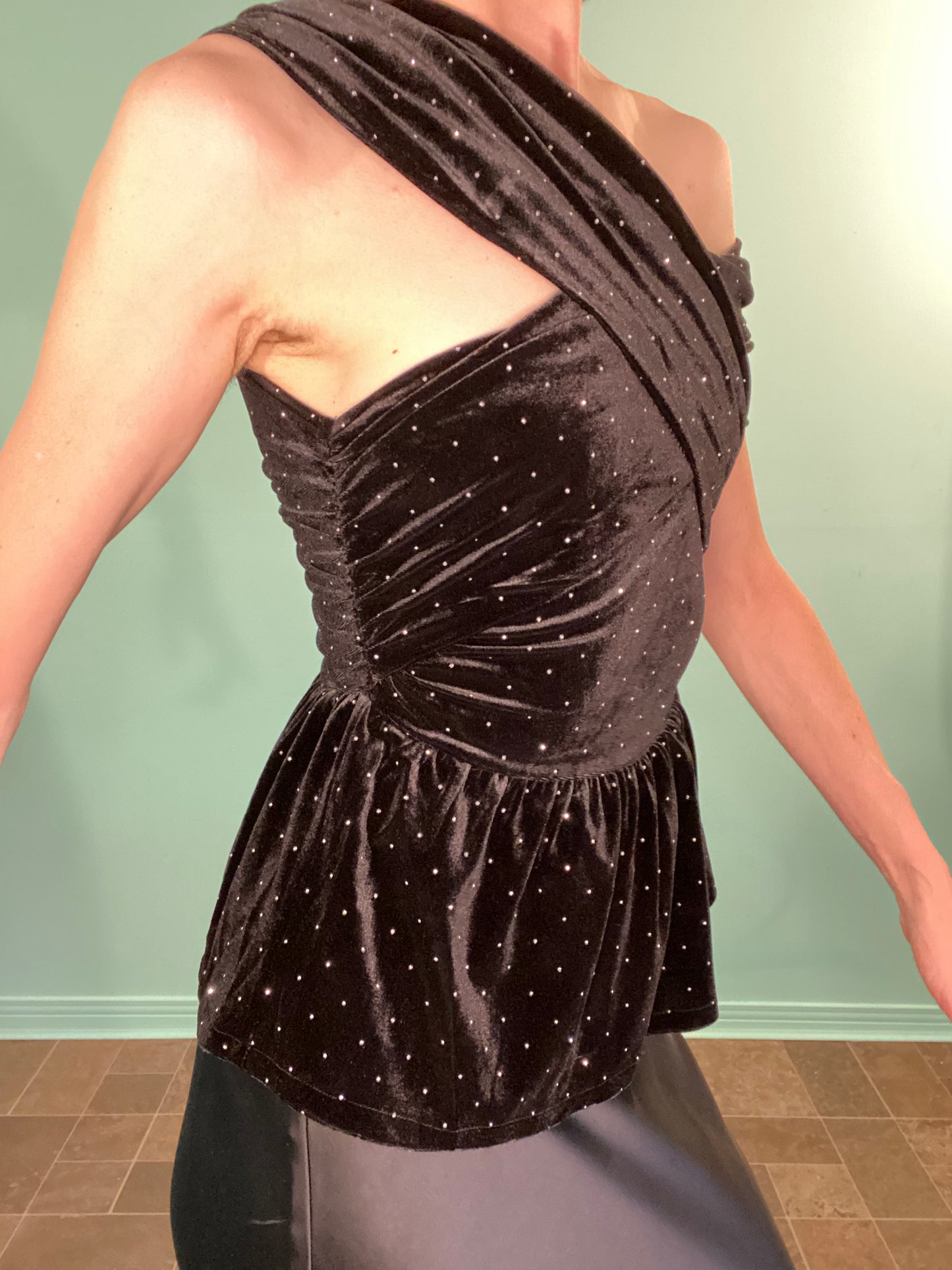 VELVET AND TINY RHINESTONE OFF THE SHOULDER TOP