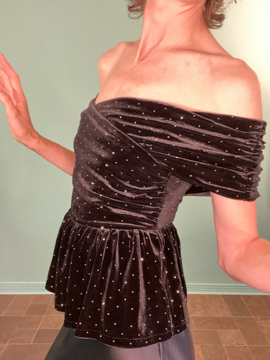VELVET AND TINY RHINESTONE OFF THE SHOULDER TOP