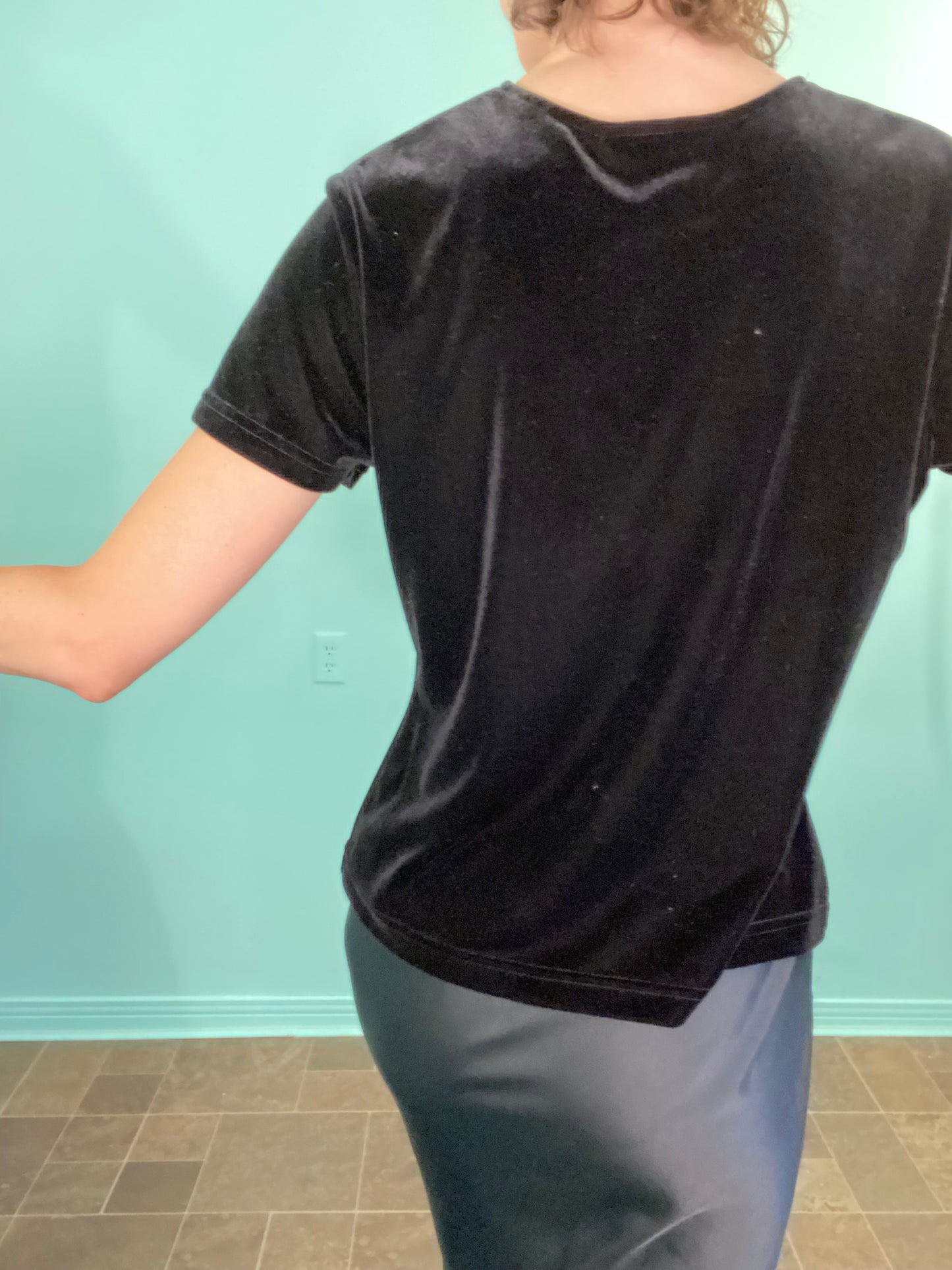 VINTAGE 90S "AMERIQUE DU NORD" STRETCH VELEVET LOOK T-SHIRT