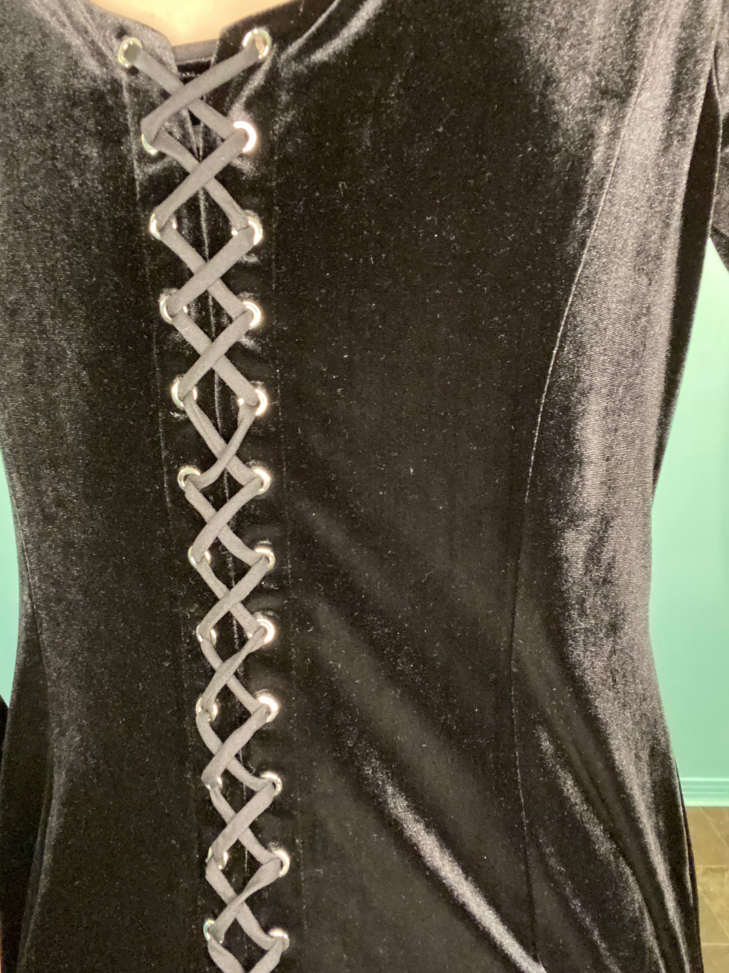 "MARCIANO" LONG SLEEVE STRETCH VELVET FULL LACE UP BACK, BLACK MINI DRESS