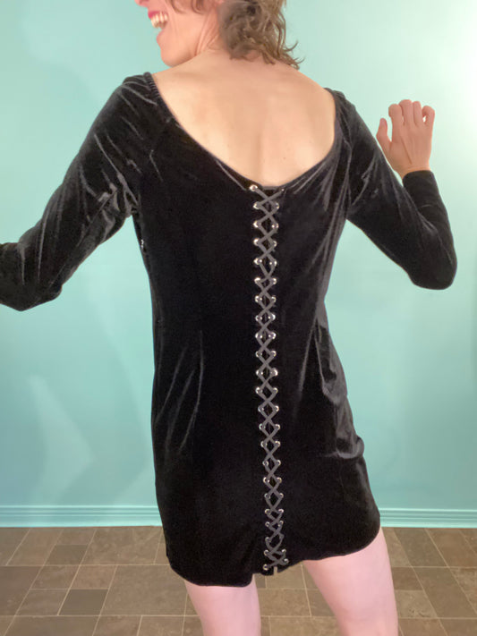 "MARCIANO" LONG SLEEVE STRETCH VELVET FULL LACE UP BACK, BLACK MINI DRESS