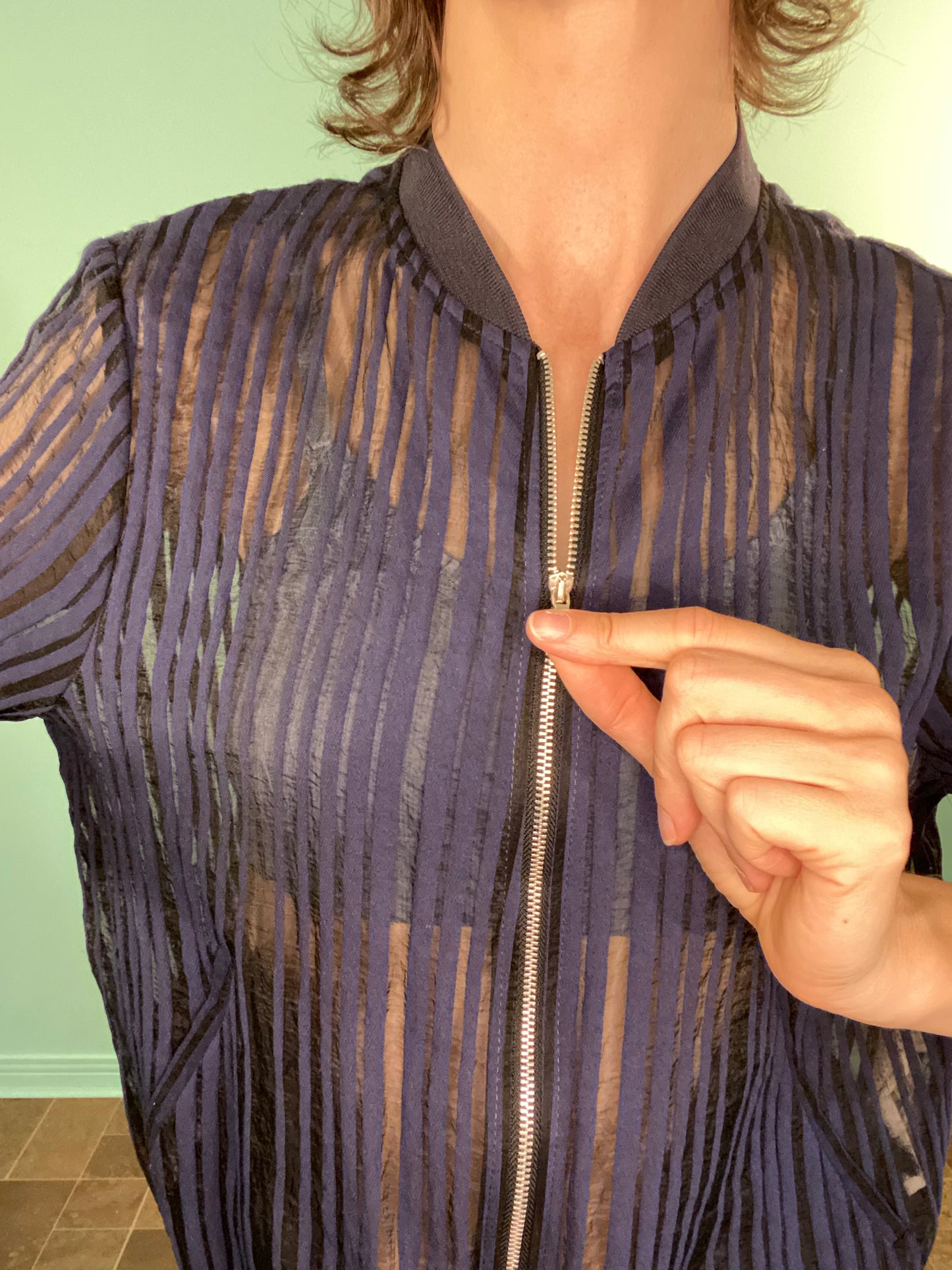 'ZARA' SHEER PINSTRIPED BOMER JACKET