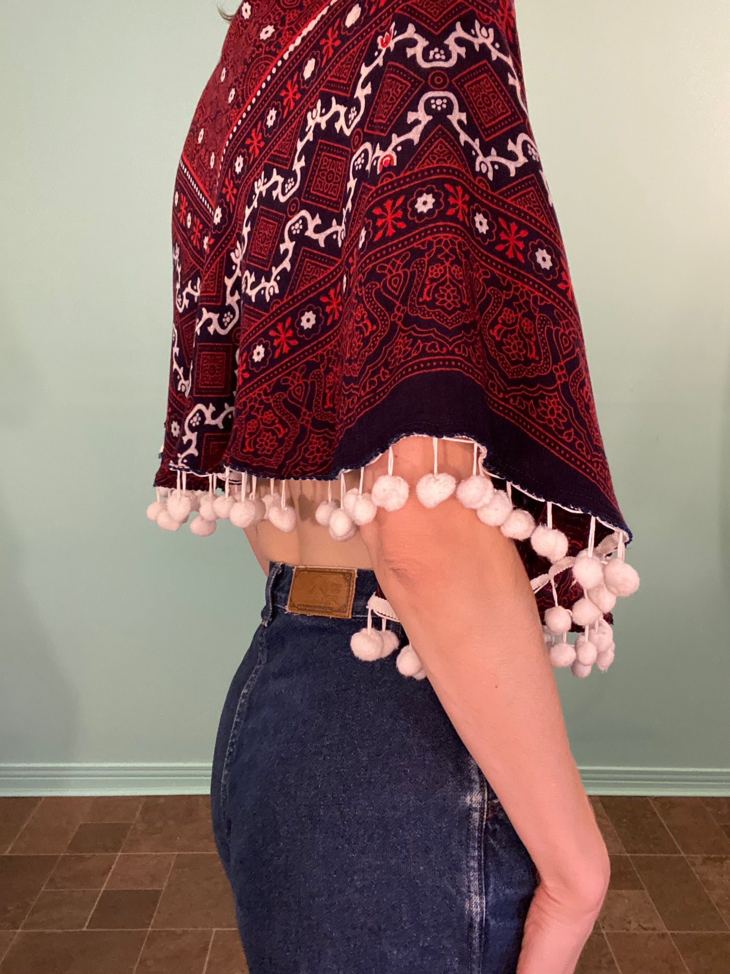 VINTAGE BANDANA PRINT CAPE WITH POM POM TRIM