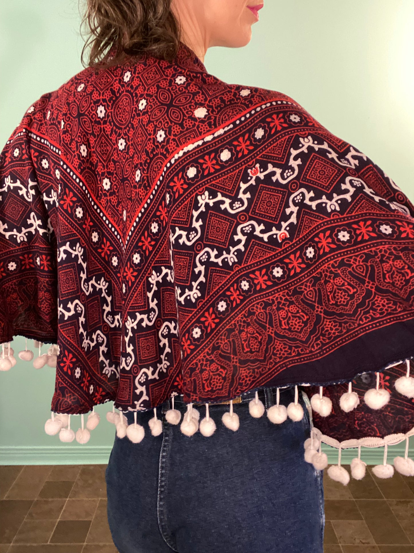 VINTAGE BANDANA PRINT CAPE WITH POM POM TRIM