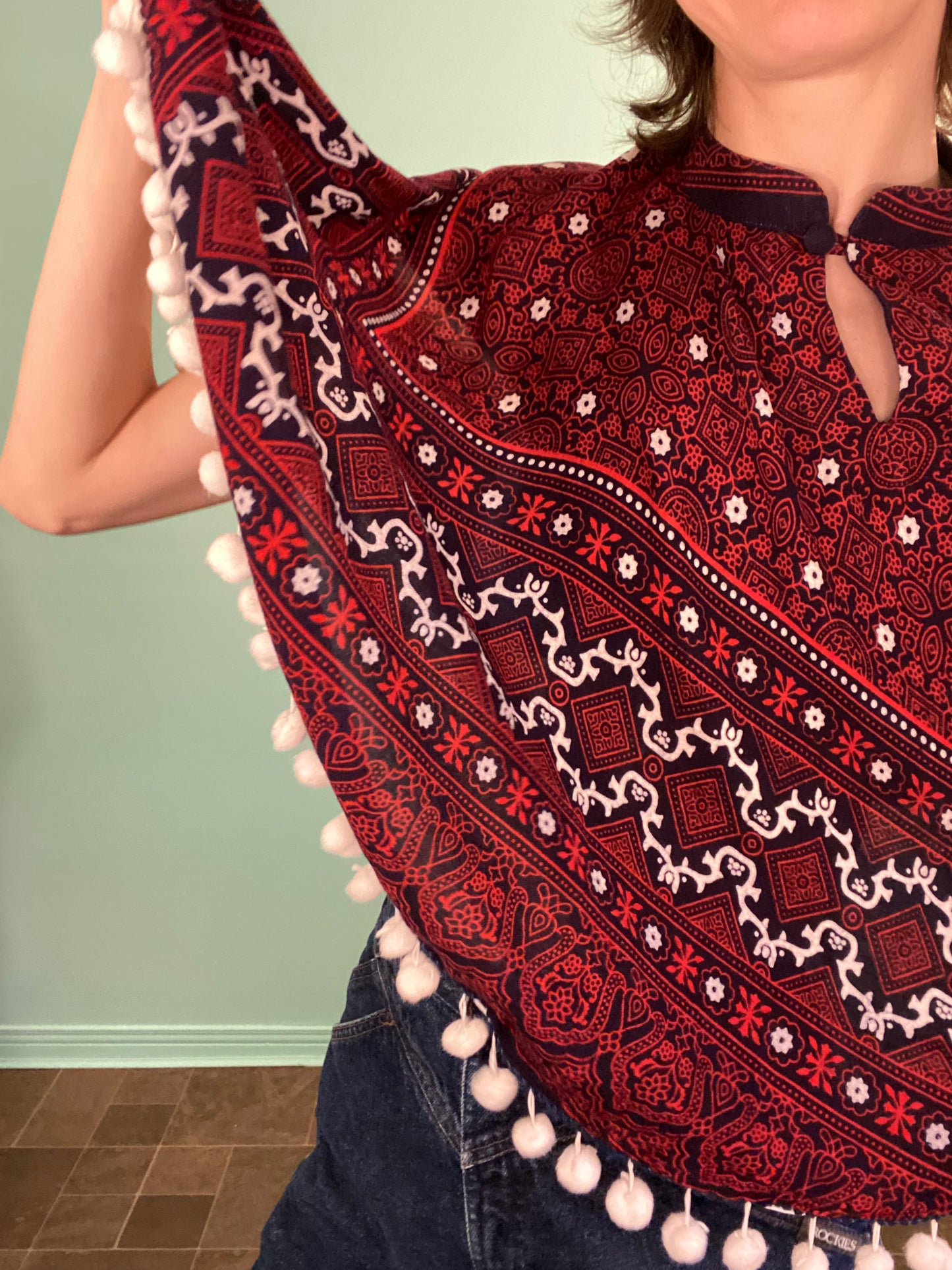 VINTAGE BANDANA PRINT CAPE WITH POM POM TRIM
