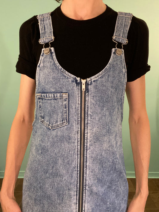'PACSUN' ACID WASH ZIPPER FRONT DENIM OVERALL MINI DRESS