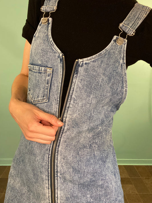 'PACSUN' ACID WASH ZIPPER FRONT DENIM OVERALL MINI DRESS