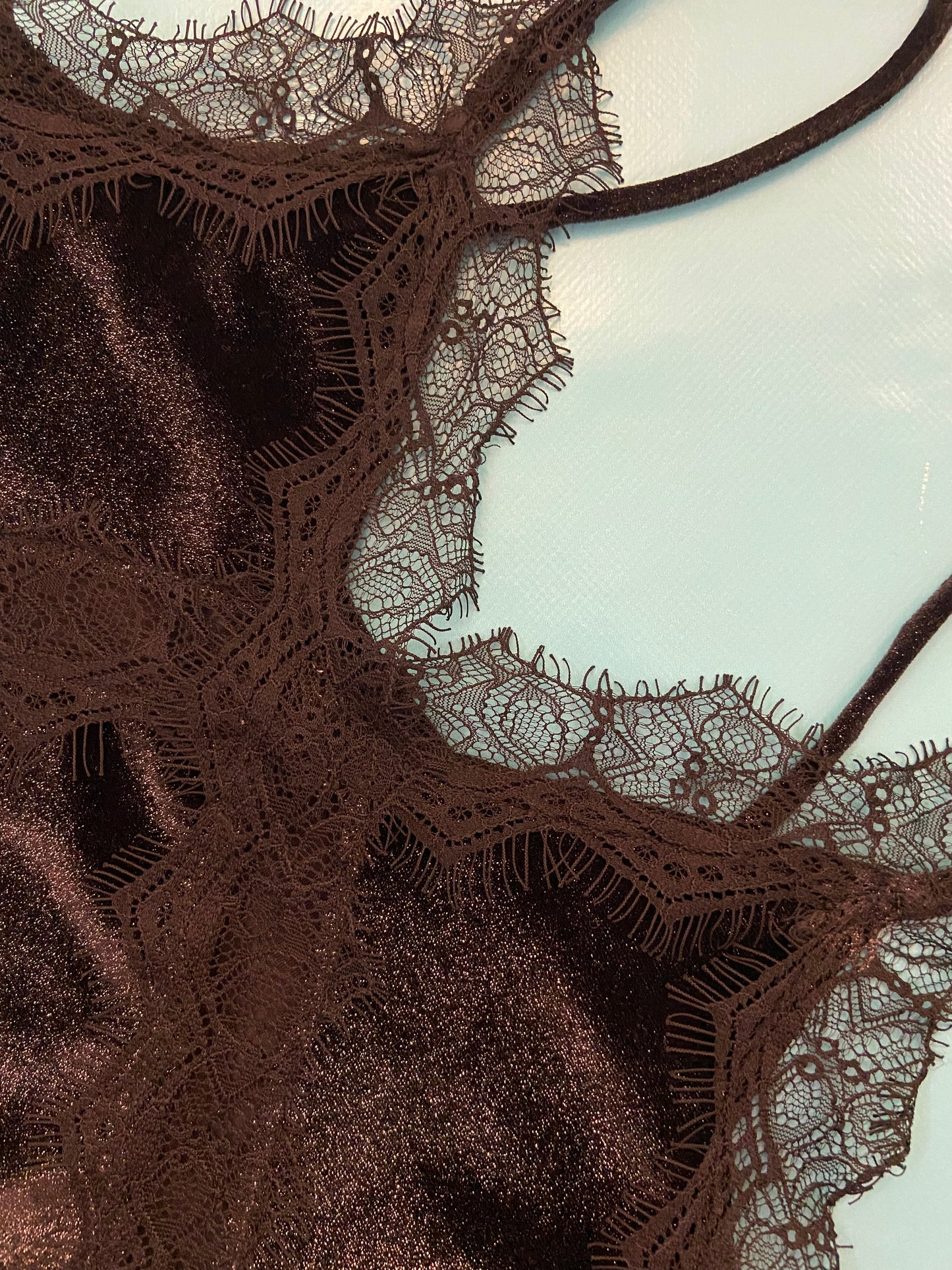 "TOPSHOP" GLITTERY STRETCH BLACK VELVET WITH LACE DETAIL BODYSUIT