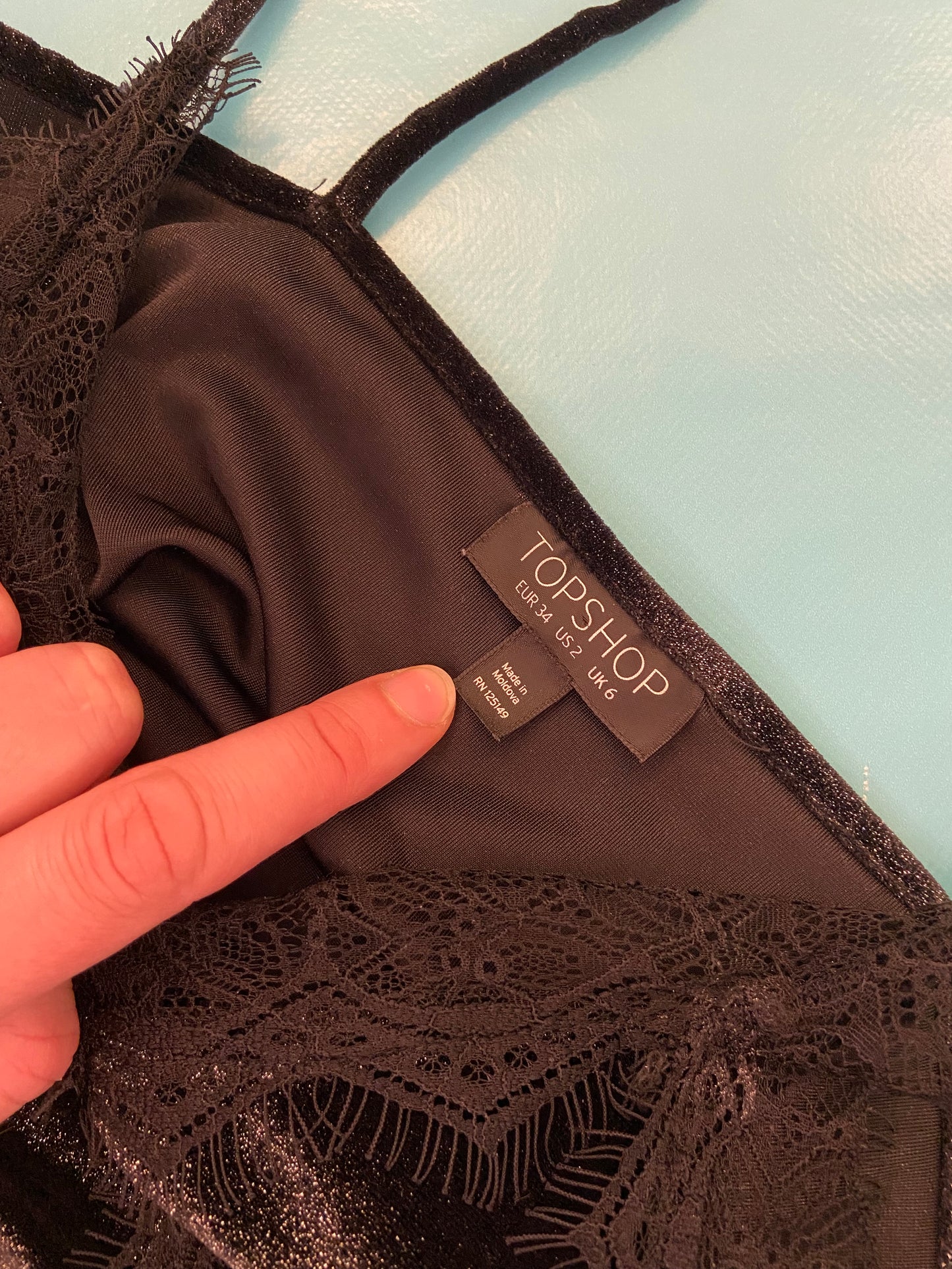 "TOPSHOP" GLITTERY STRETCH BLACK VELVET WITH LACE DETAIL BODYSUIT