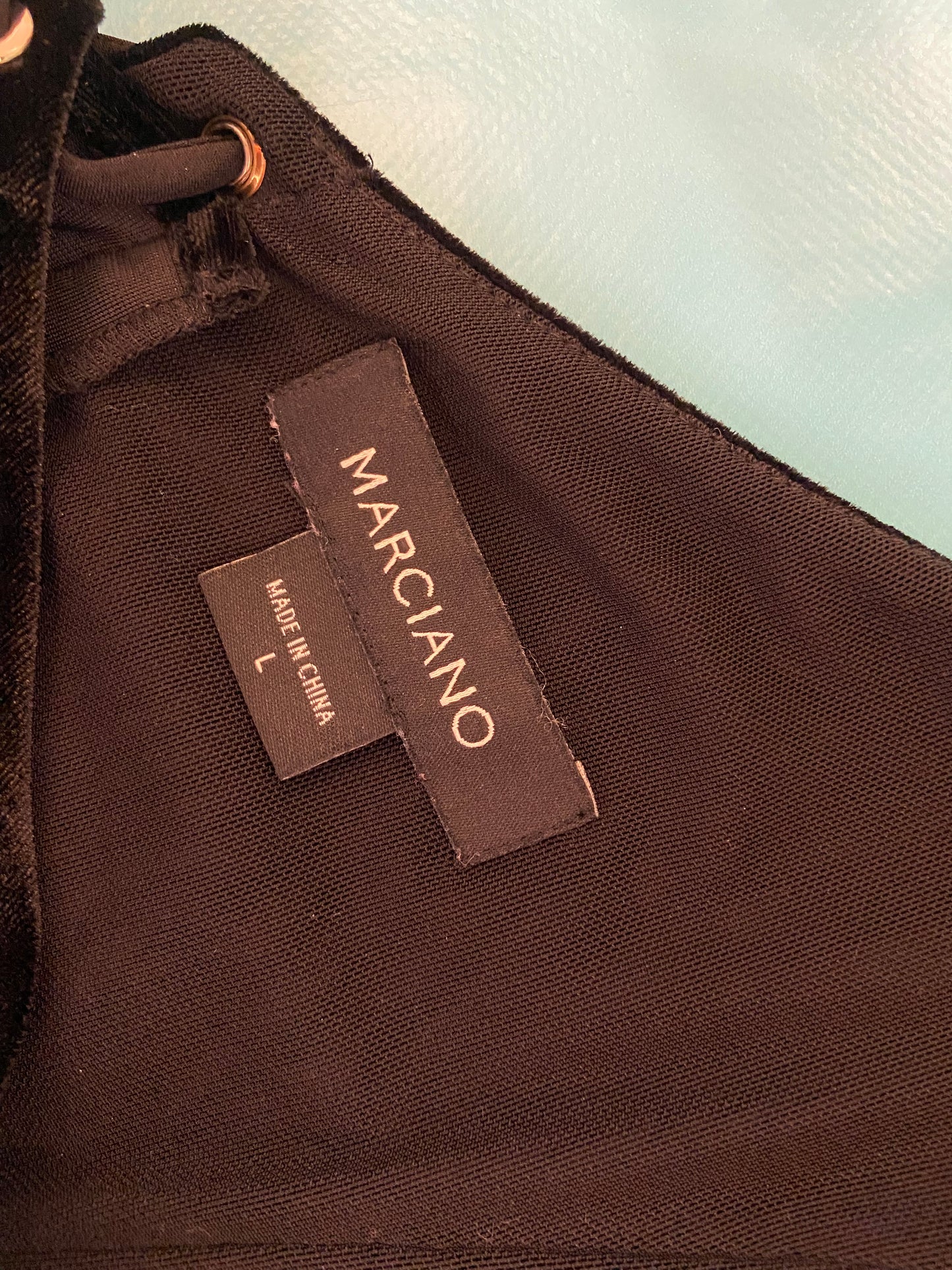 "MARCIANO" LONG SLEEVE STRETCH VELVET FULL LACE UP BACK, BLACK MINI DRESS