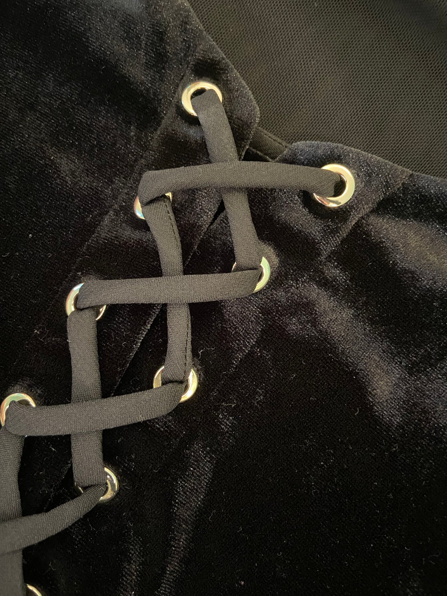 "MARCIANO" LONG SLEEVE STRETCH VELVET FULL LACE UP BACK, BLACK MINI DRESS