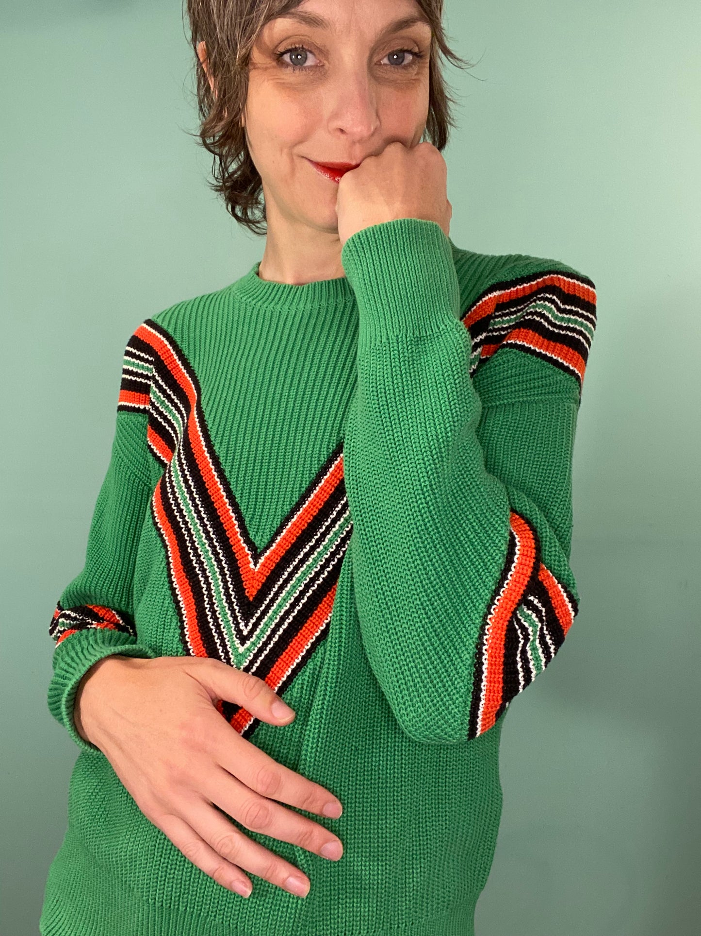 FUN GREEN VARSITY STYLE "RAG AND BONE" %100 COTTON SWEATER