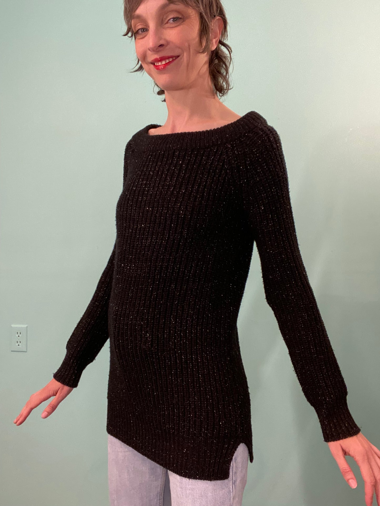 "CALVIN KELIN JEANS" BLACK GLITTERY TINSEL SWEATER