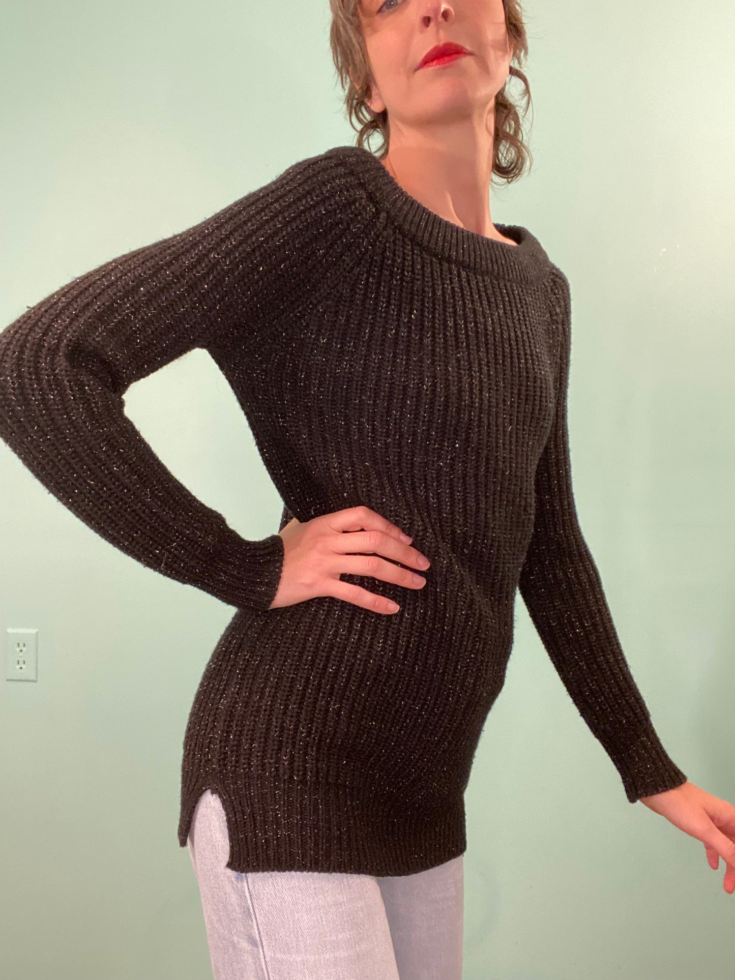 "CALVIN KELIN JEANS" BLACK GLITTERY TINSEL SWEATER